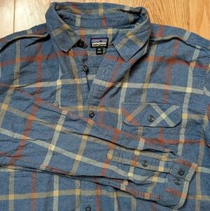 Patagonia Fjord Flannel Mens XXL Blue Cream Brown Plaid Organic Cotton Gorpcore